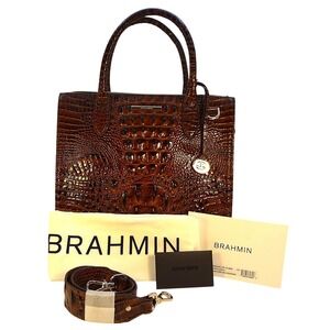 Brahmin Caroline Pecan Melbourne Embossed Leather Satchel Top Handle Bag